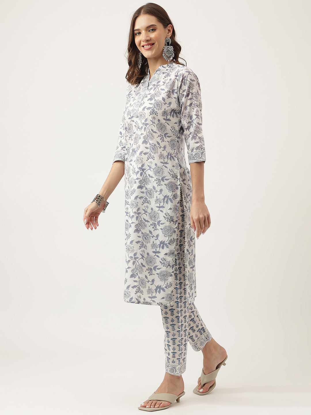 Noe Velarro Sky Blue Floral HandBlock Printed Cotton Straight Kurta, trousers with Dupatta Set