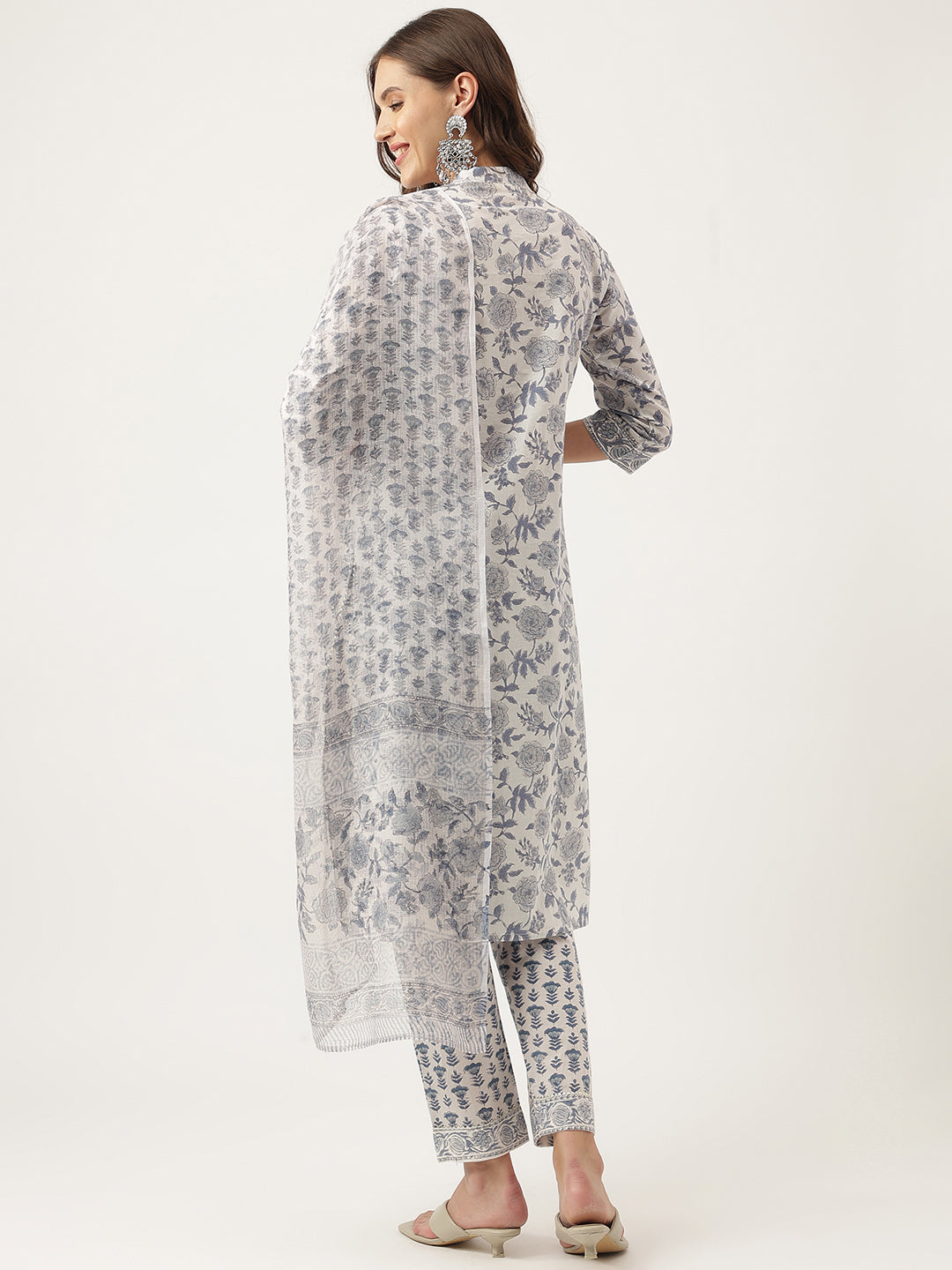Noe Velarro Sky Blue Floral HandBlock Printed Cotton Straight Kurta, trousers with Dupatta Set