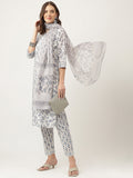 Noe Velarro Sky Blue Floral HandBlock Printed Cotton Straight Kurta, trousers with Dupatta Set