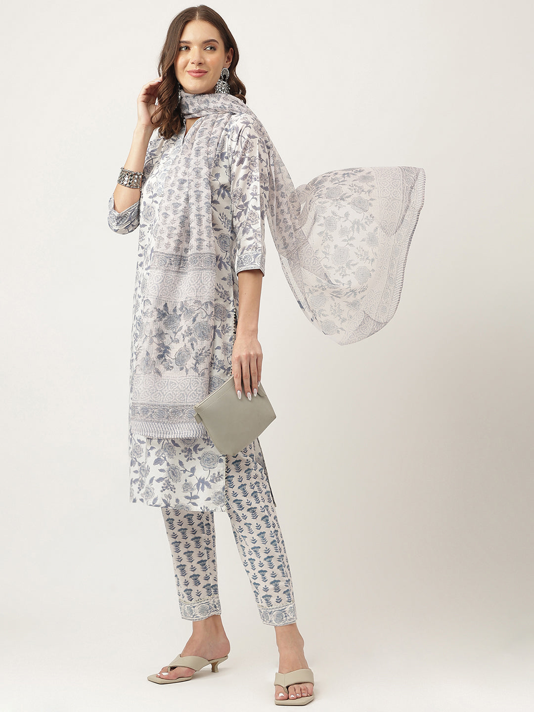Noe Velarro Sky Blue Floral HandBlock Printed Cotton Straight Kurta, trousers with Dupatta Set