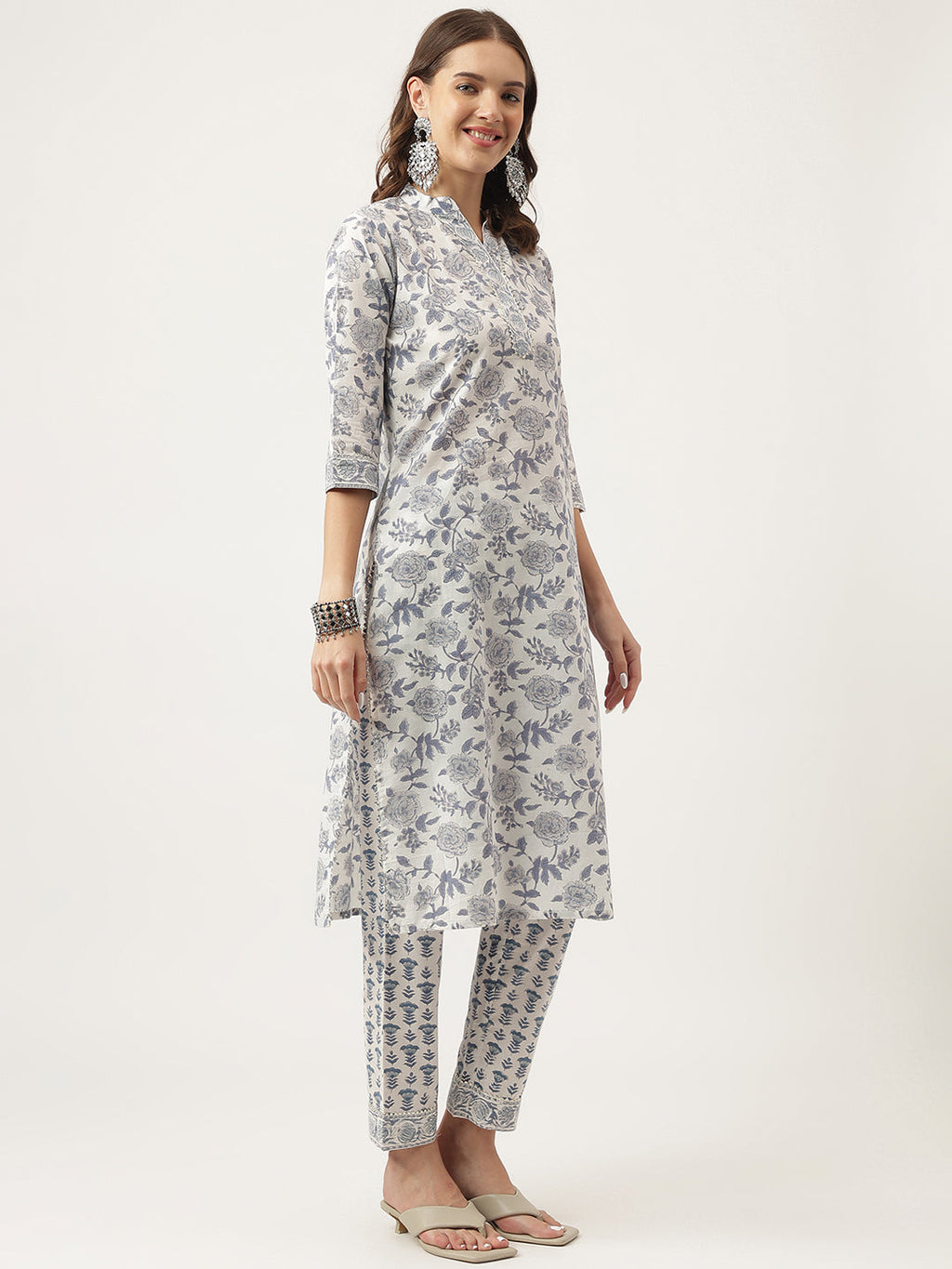 Noe Velarro Sky Blue Floral HandBlock Printed Cotton Straight Kurta, trousers with Dupatta Set
