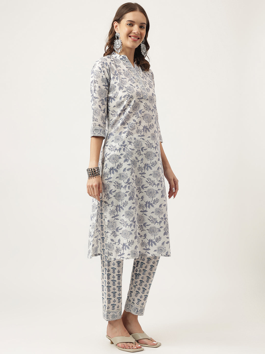 Noe Velarro Sky Blue Floral HandBlock Printed Cotton Straight Kurta, trousers with Dupatta Set