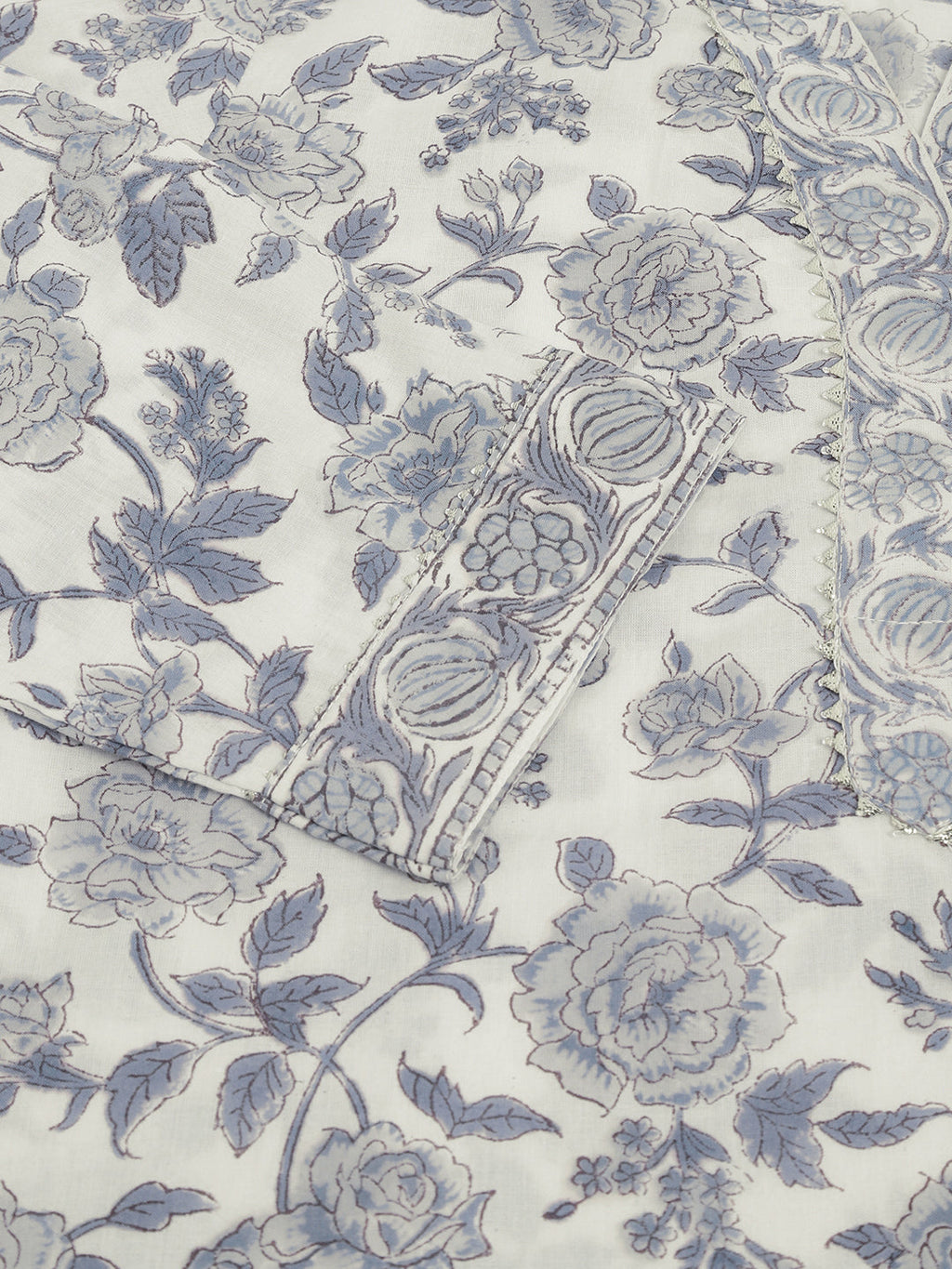 Noe Velarro Sky Blue Floral HandBlock Printed Cotton Straight Kurta, trousers with Dupatta Set