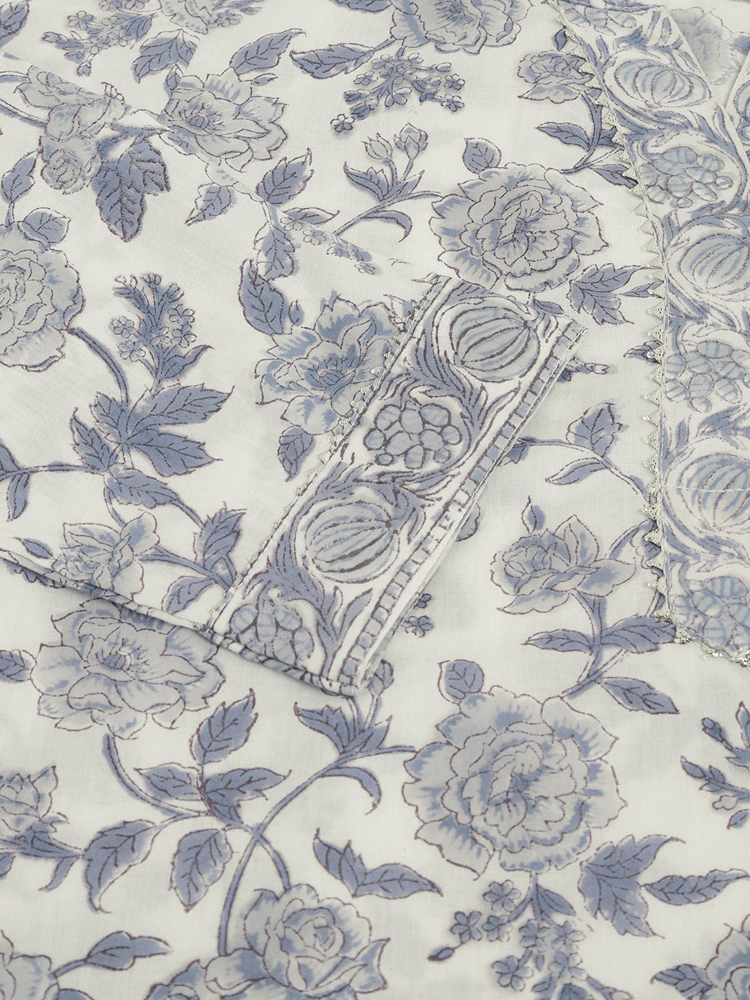 Noe Velarro Sky Blue Floral HandBlock Printed Cotton Straight Kurta, trousers with Dupatta Set