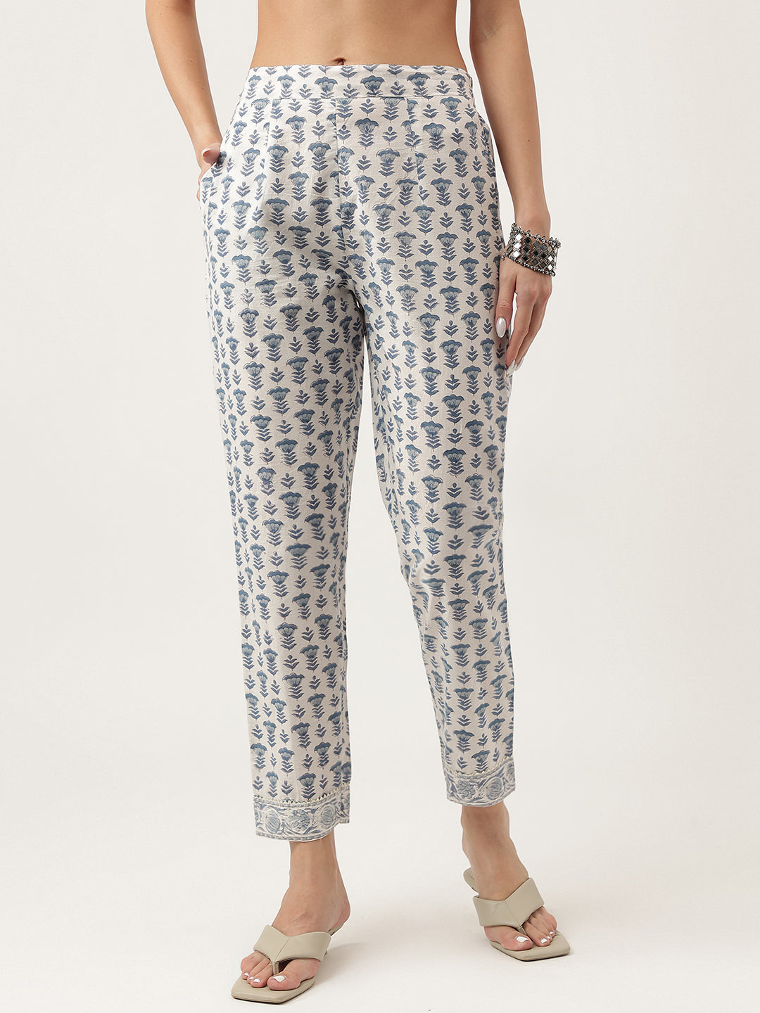 Noe Velarro Sky Blue Floral HandBlock Printed Cotton Straight Kurta, trousers with Dupatta Set