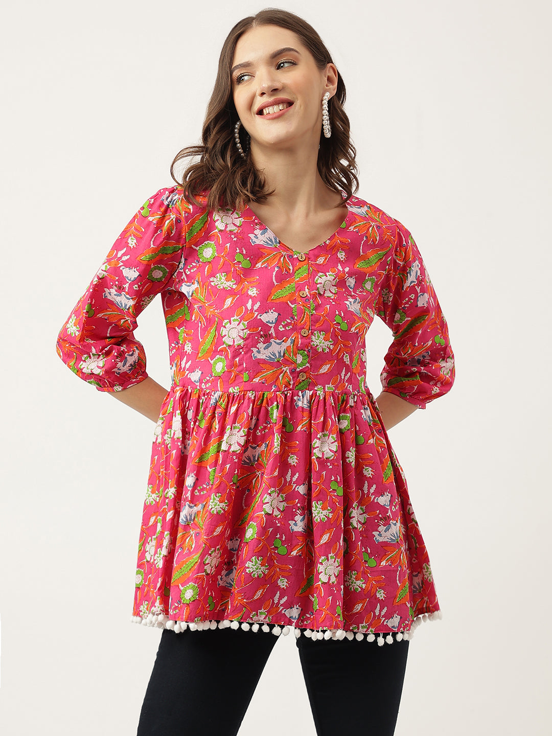 Noe Velarro Pink Floral Printed Cotton Peplum Fit Top