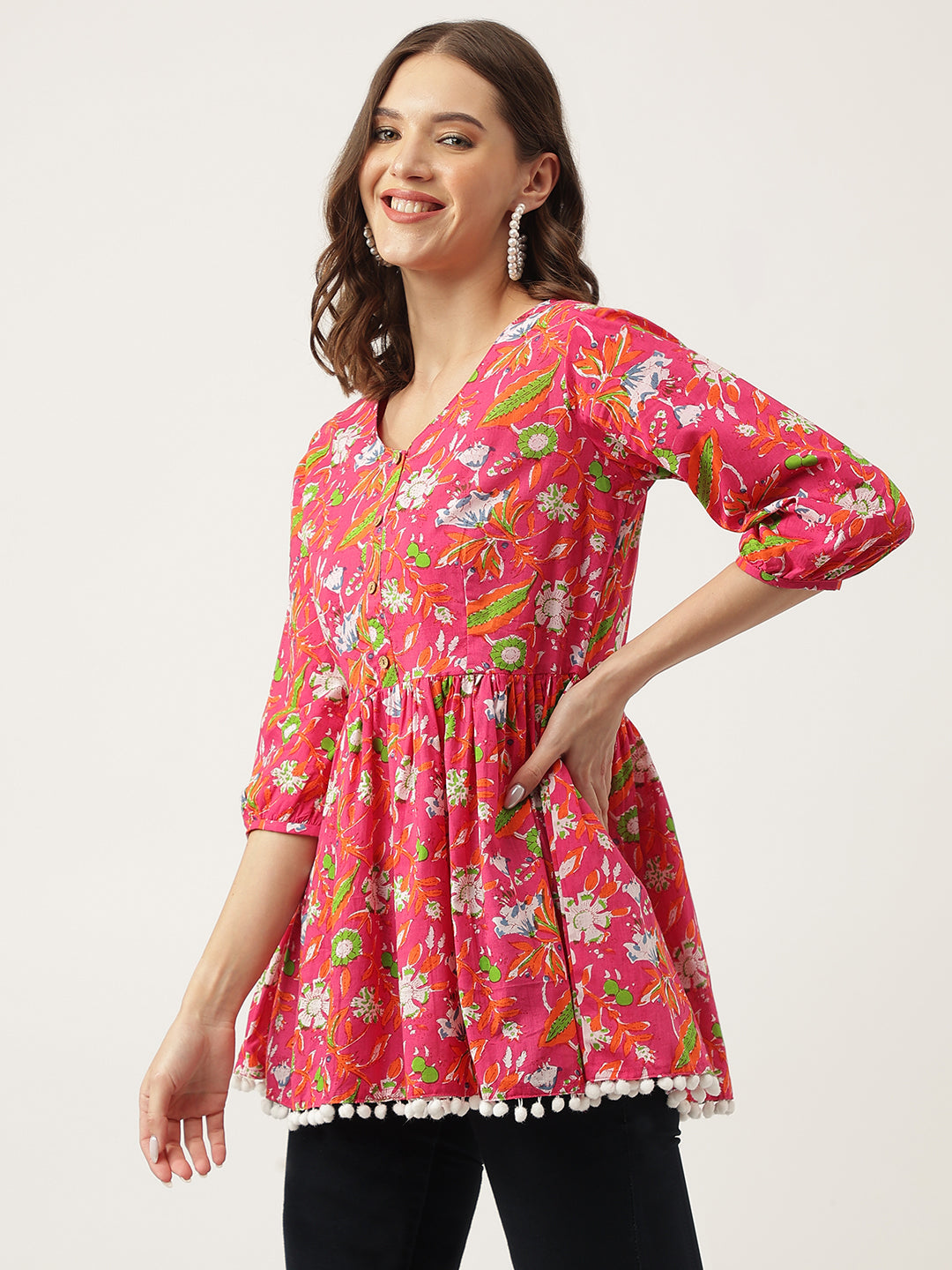 Noe Velarro Pink Floral Printed Cotton Peplum Fit Top