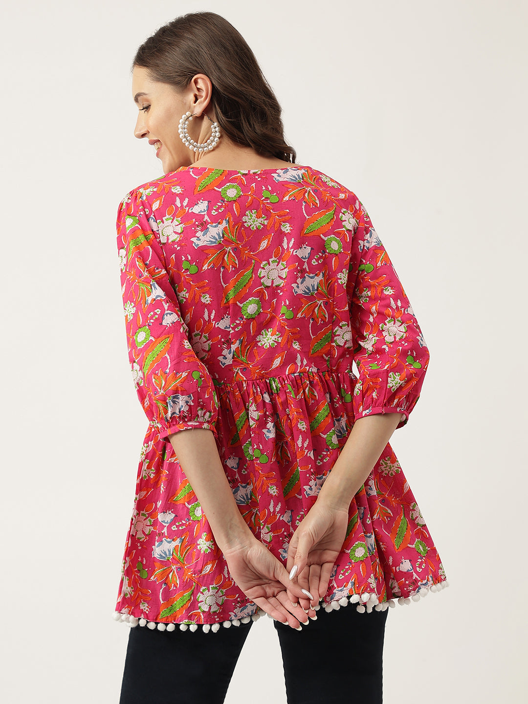 Noe Velarro Pink Floral Printed Cotton Peplum Fit Top