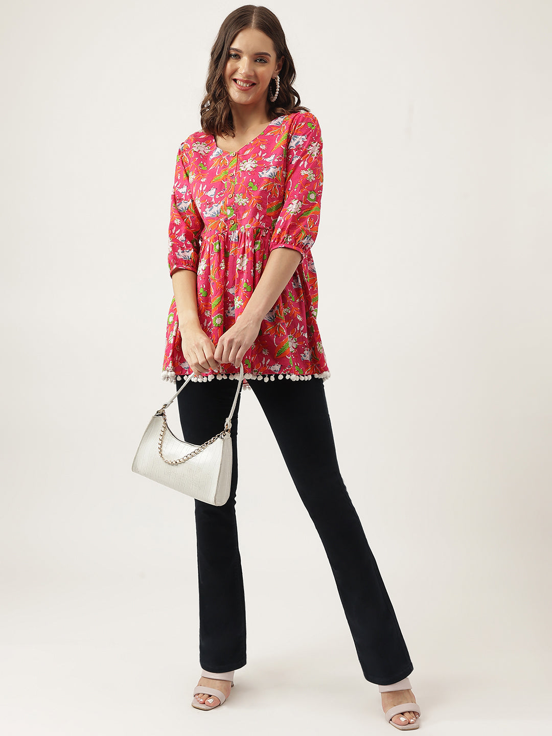 Noe Velarro Pink Floral Printed Cotton Peplum Fit Top
