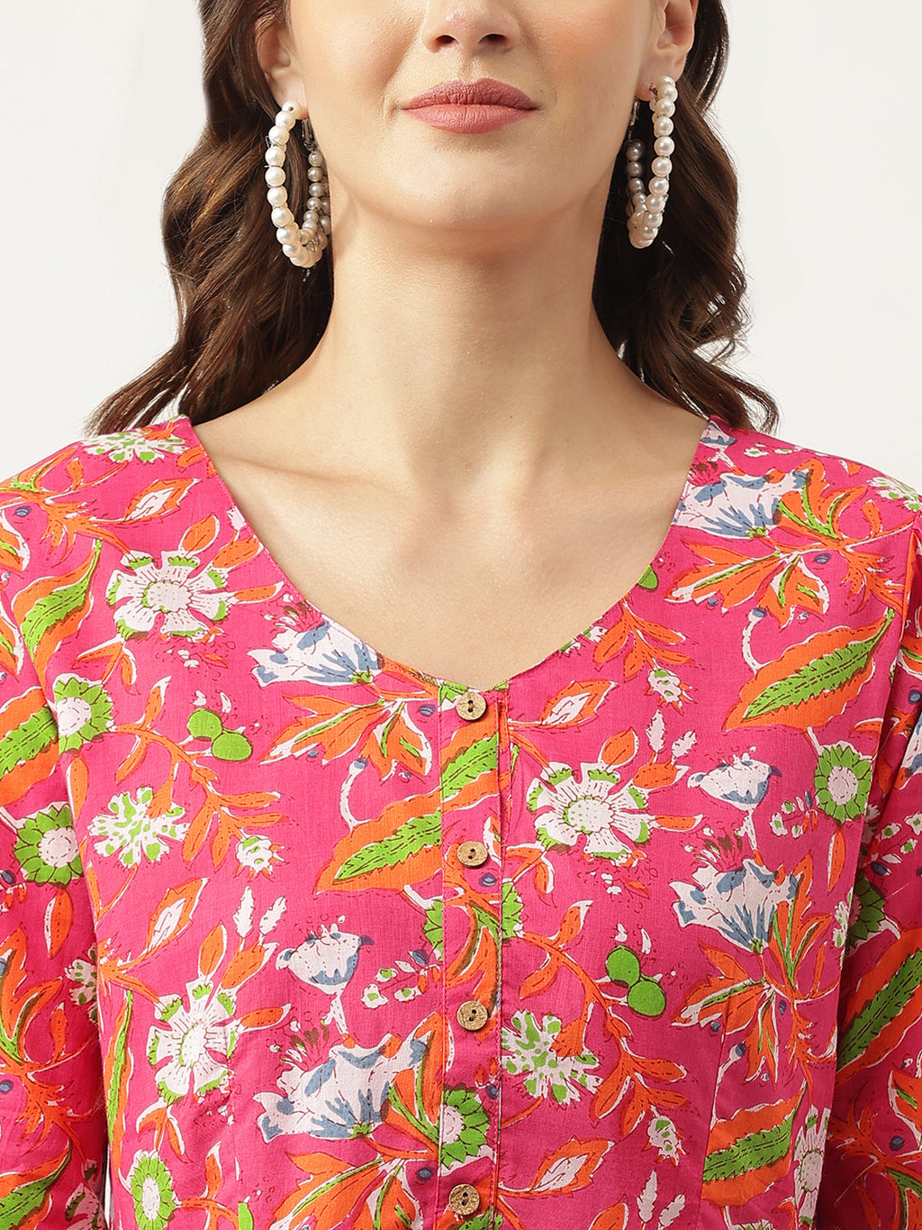 Noe Velarro Pink Floral Printed Cotton Peplum Fit Top