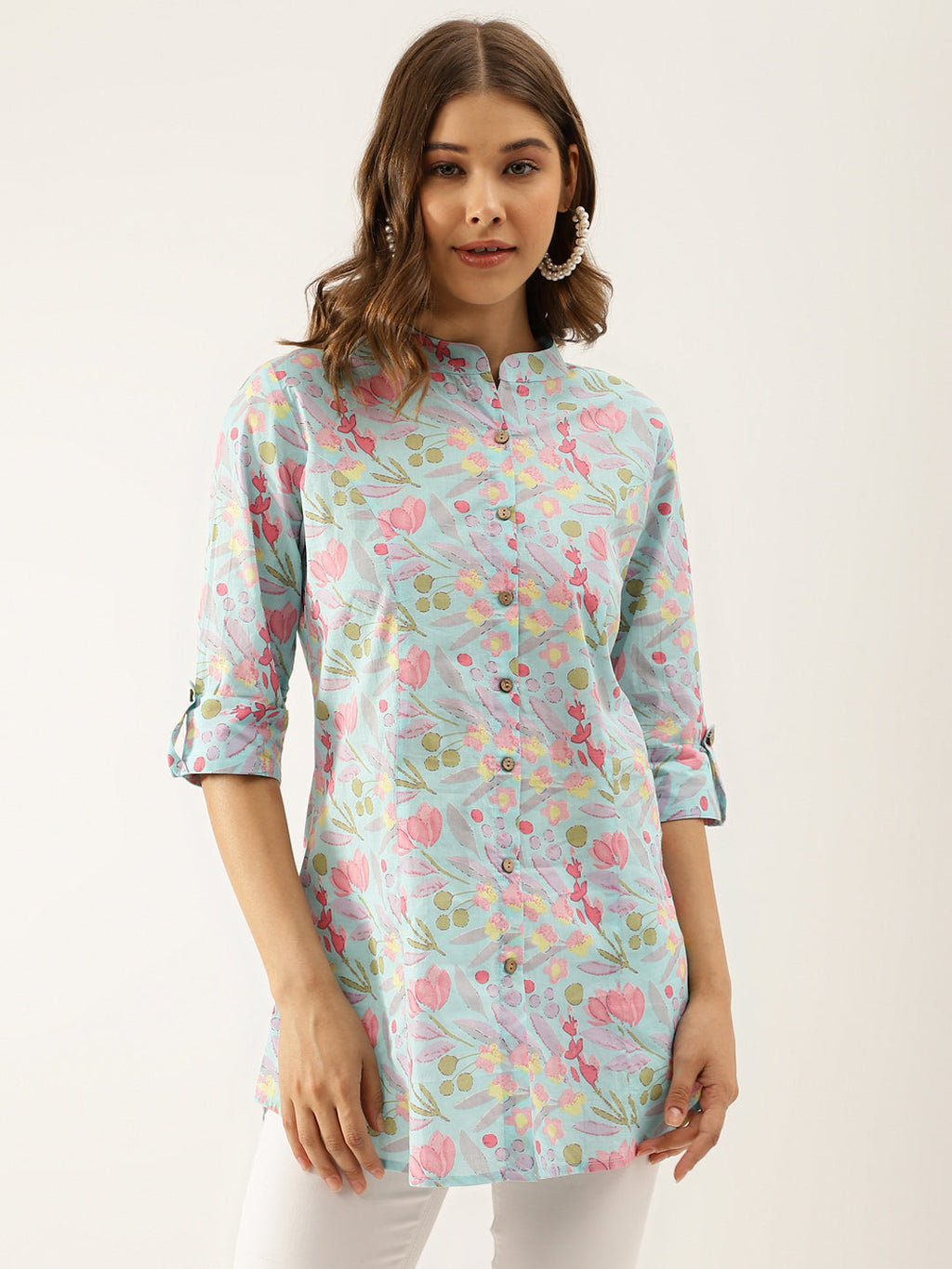 Noe Velarro Sky Blue Printed Cotton Regular Fit Top
