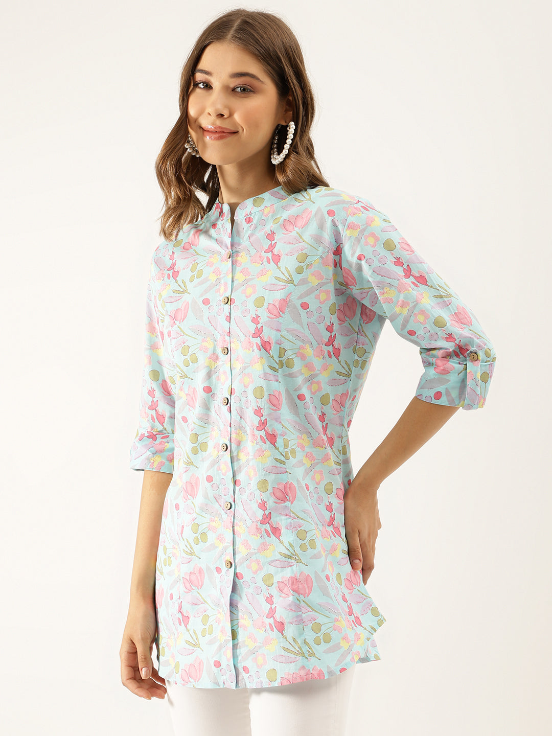 Noe Velarro Sky Blue Printed Cotton Regular Fit Top