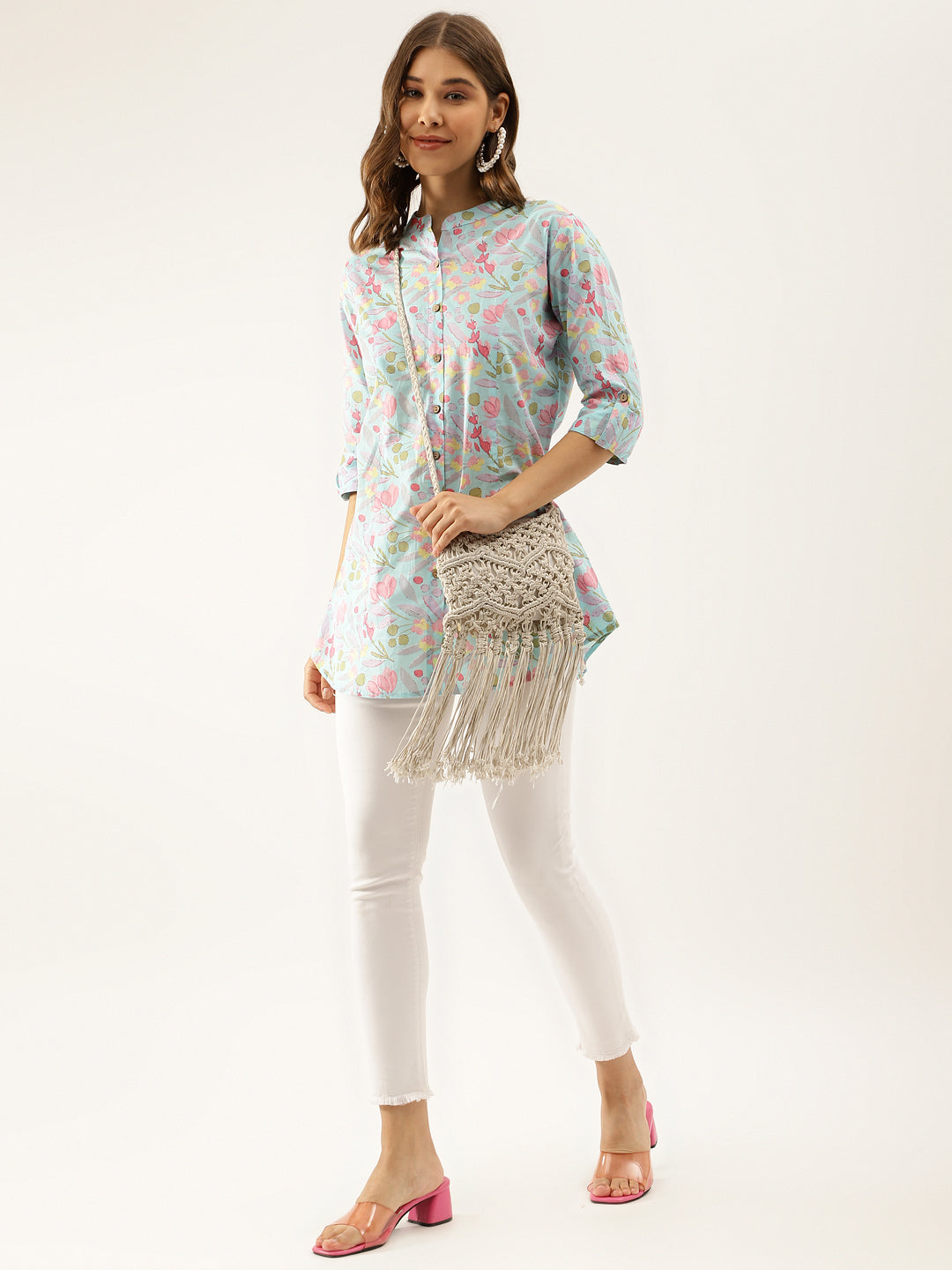 Noe Velarro Sky Blue Printed Cotton Regular Fit Top