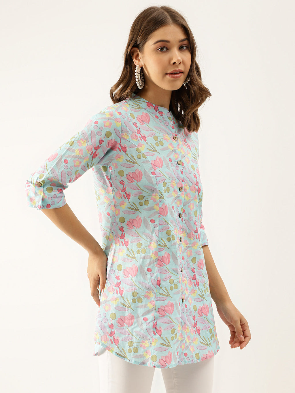 Noe Velarro Sky Blue Printed Cotton Regular Fit Top