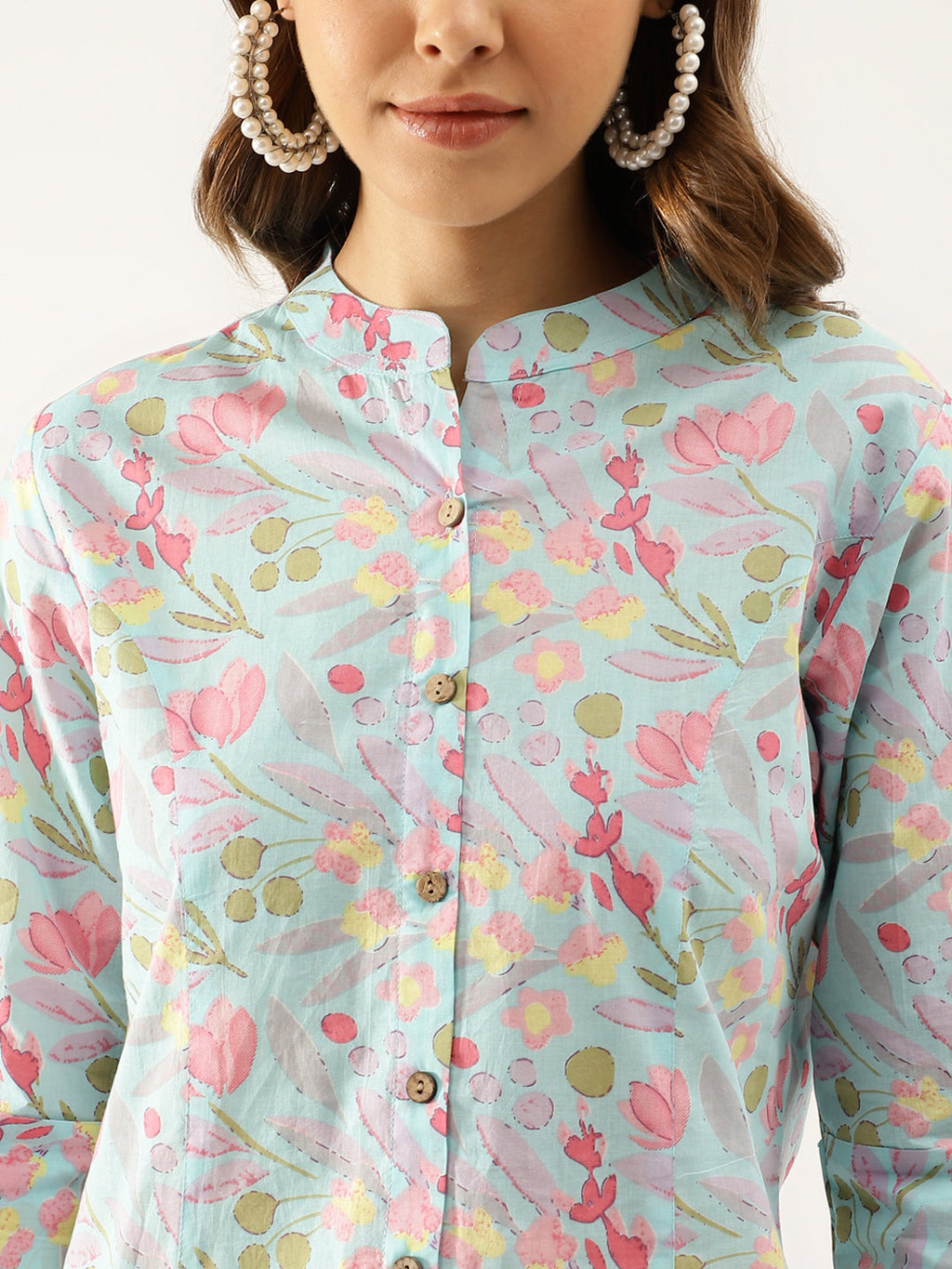 Noe Velarro Sky Blue Printed Cotton Regular Fit Top