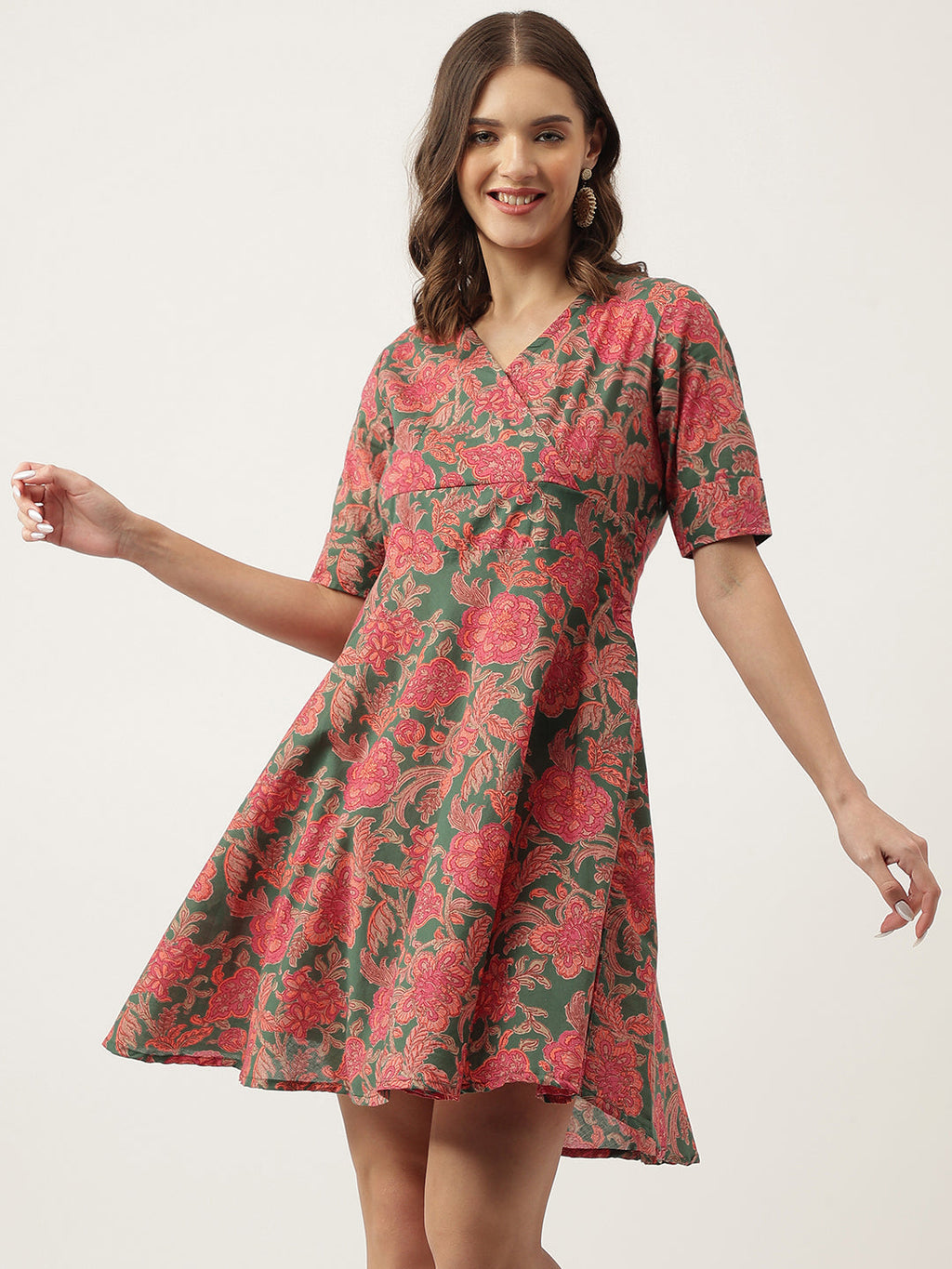 Noe Velarro Grey Pink Floral Printed Cotton Fit & Flare Mini Dress