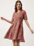 Noe Velarro Grey Pink Floral Printed Cotton Fit & Flare Mini Dress