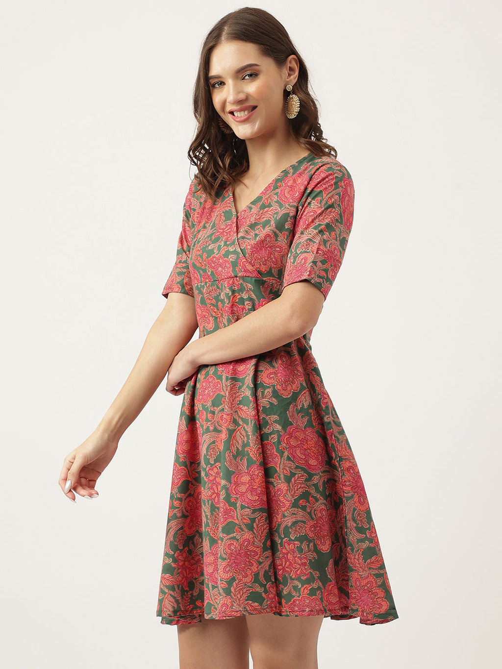 Noe Velarro Grey Pink Floral Printed Cotton Fit & Flare Mini Dress