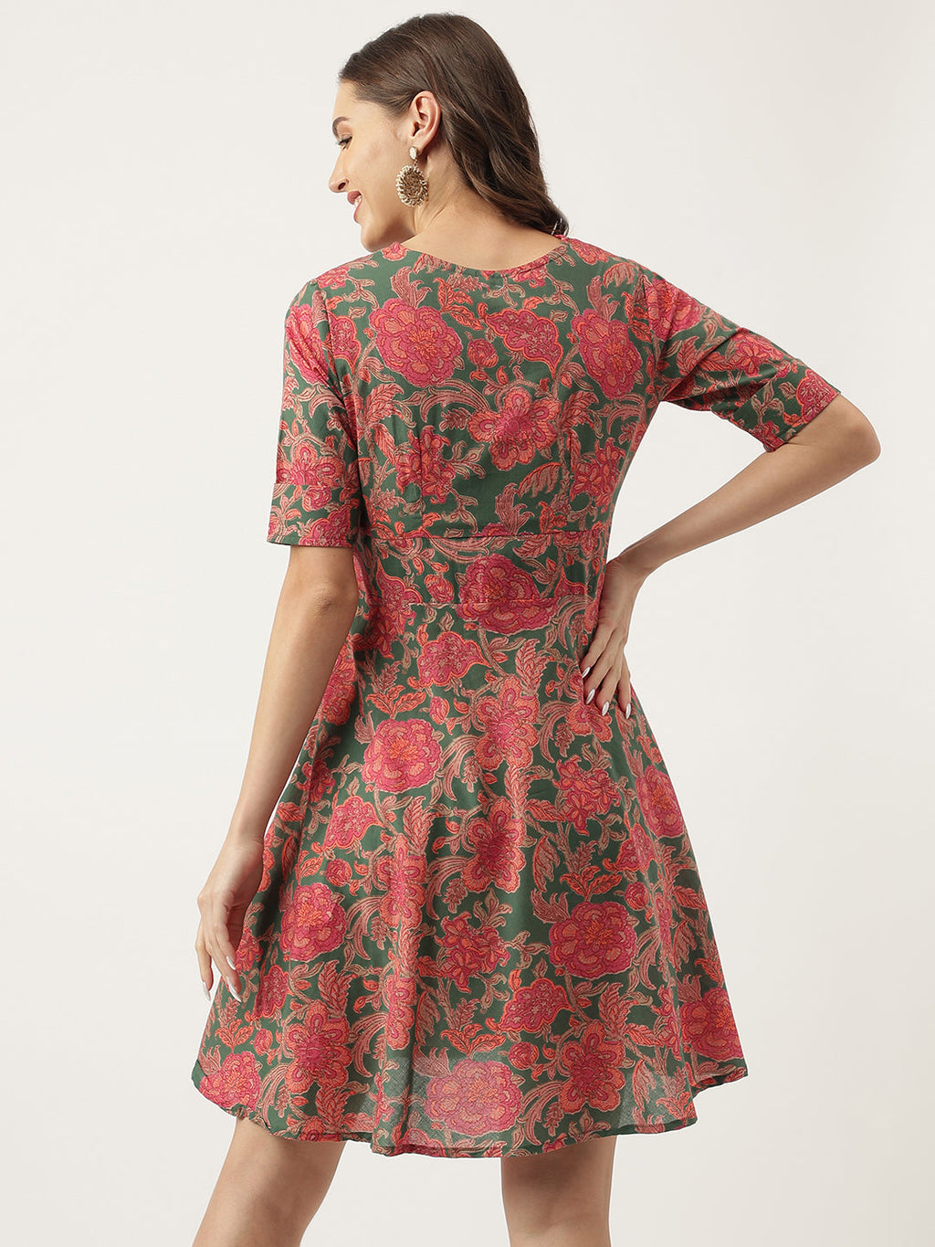 Noe Velarro Grey Pink Floral Printed Cotton Fit & Flare Mini Dress
