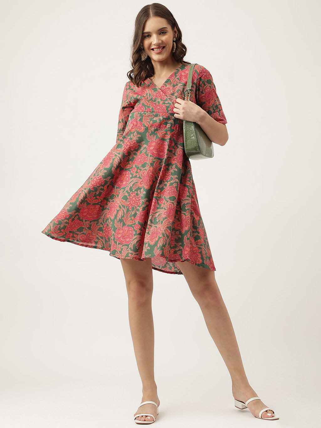 Noe Velarro Grey Pink Floral Printed Cotton Fit & Flare Mini Dress