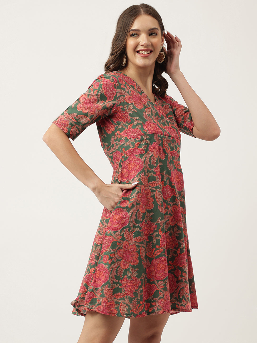 Noe Velarro Grey Pink Floral Printed Cotton Fit & Flare Mini Dress