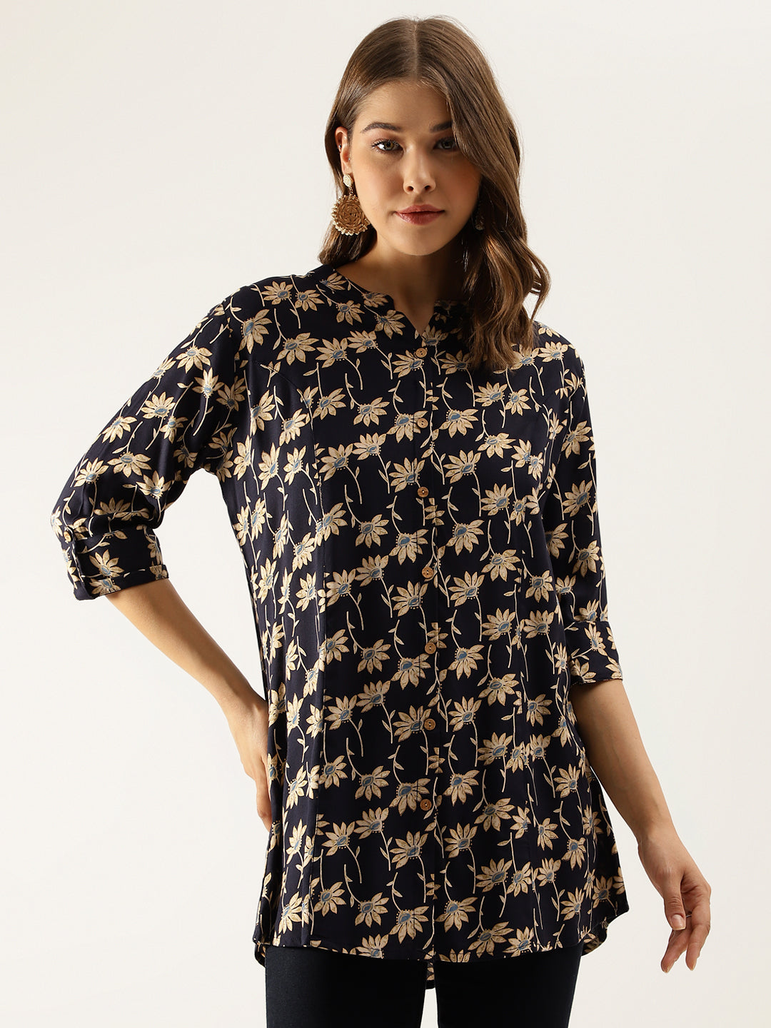 Noe Velarro Floral Printed Rayon Shirt type Top for Women