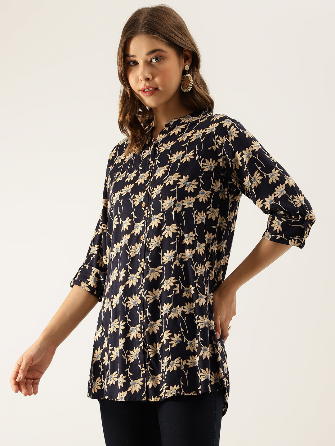 Noe Velarro Floral Printed Rayon Shirt type Top for Women