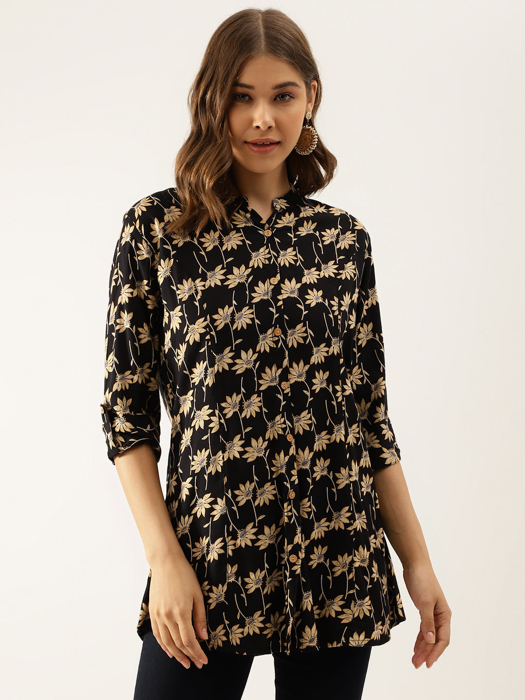 Noe Velarro Black Floral Printed Rayon Shirt type Top for Women