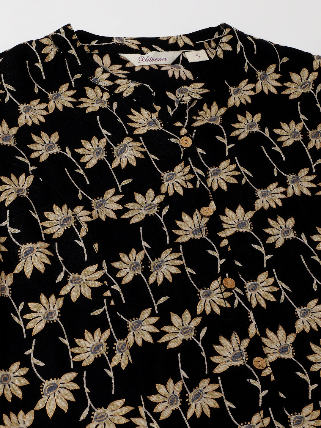 Noe Velarro Black Floral Printed Rayon Shirt type Top for Women