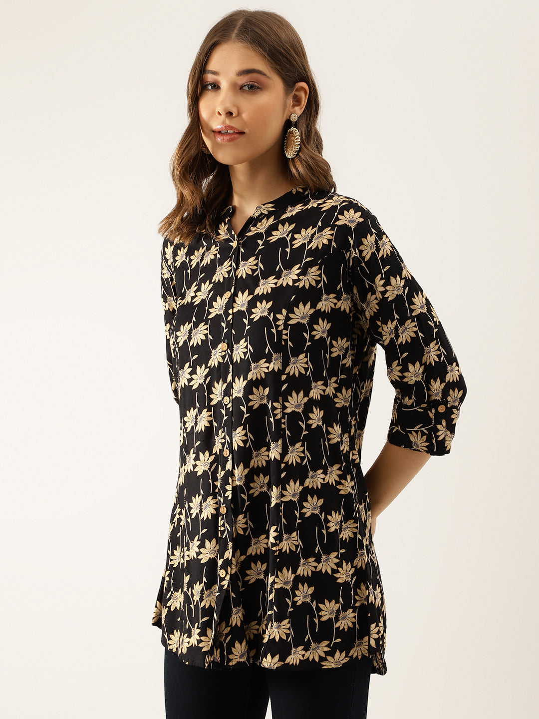 Noe Velarro Black Floral Printed Rayon Shirt type Top for Women