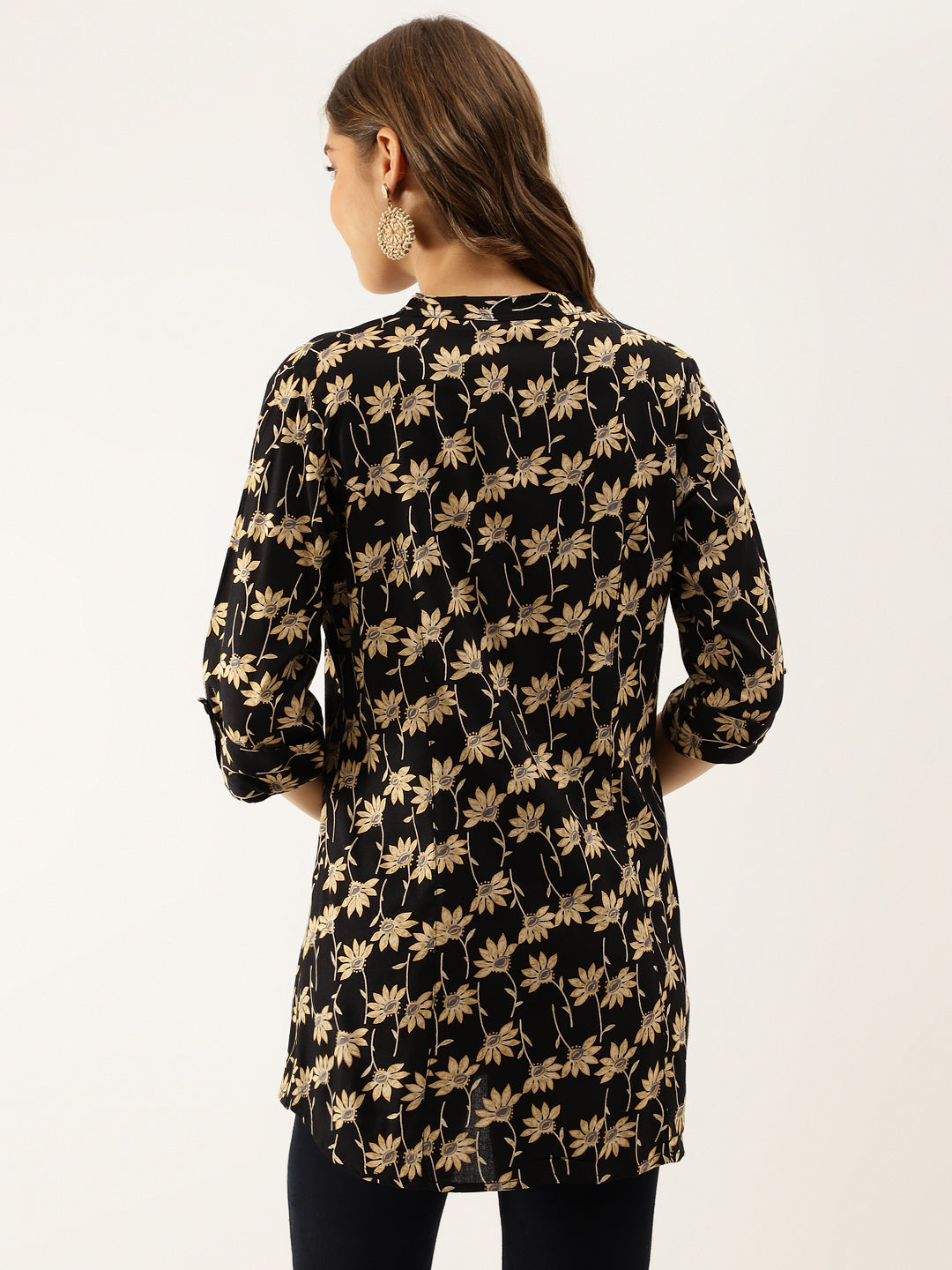 Noe Velarro Black Floral Printed Rayon Shirt type Top for Women