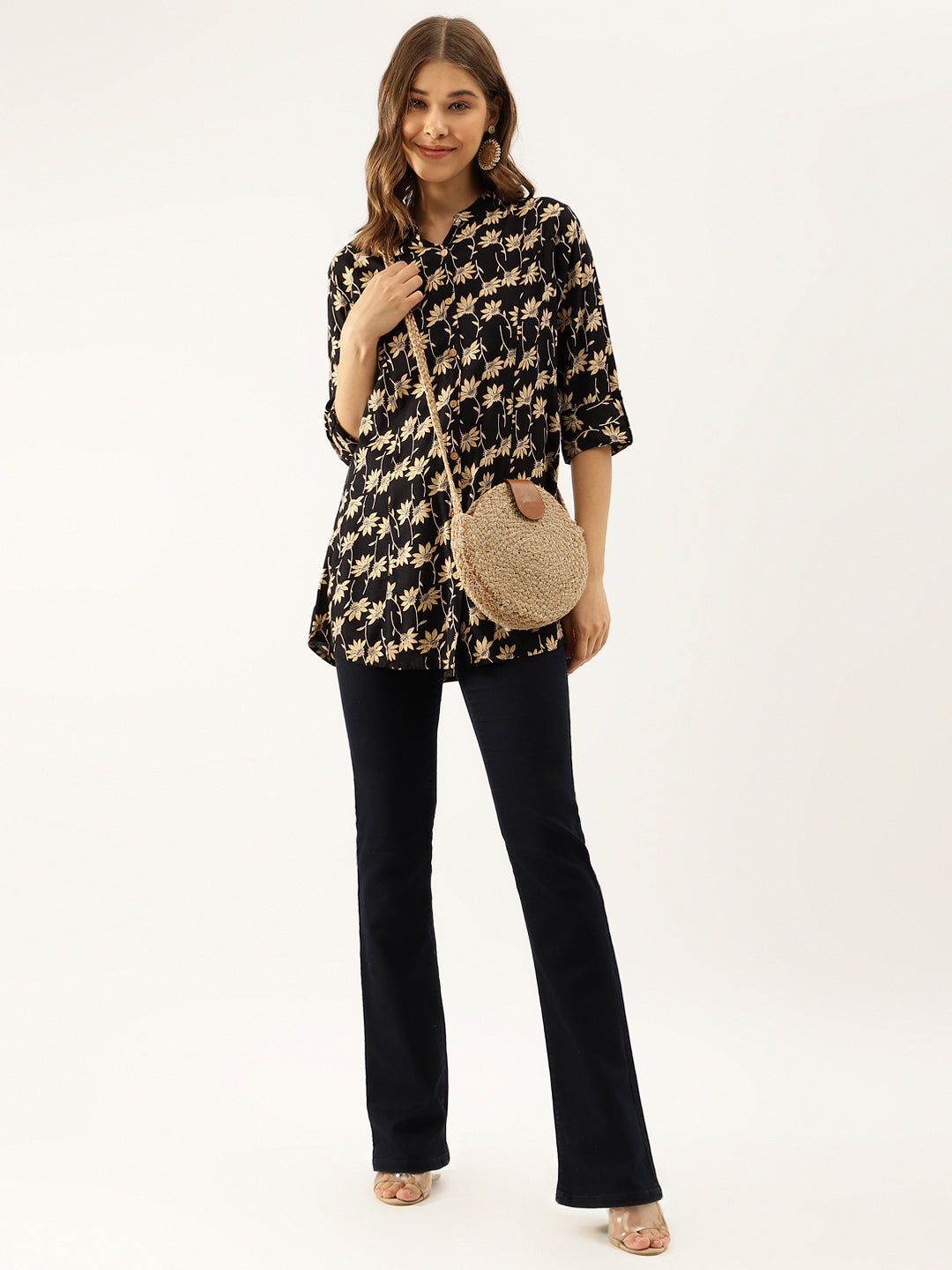 Noe Velarro Black Floral Printed Rayon Shirt type Top for Women