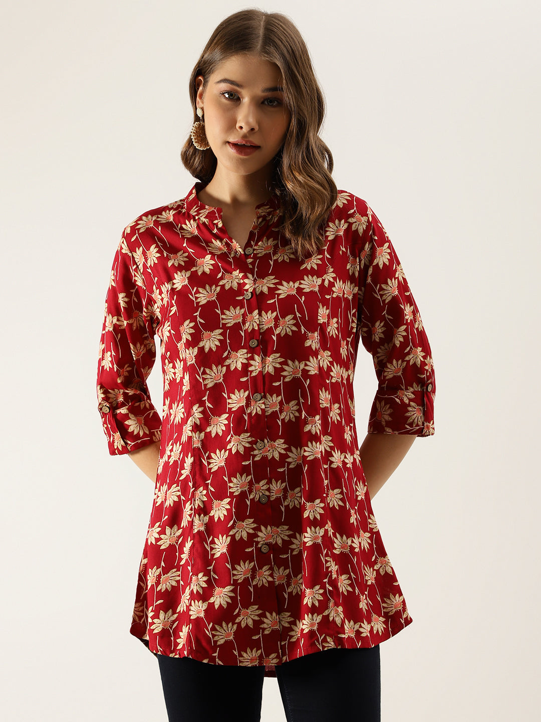 Noe Velarro Maroon Floral Printed Rayon Shirt type Top for Women