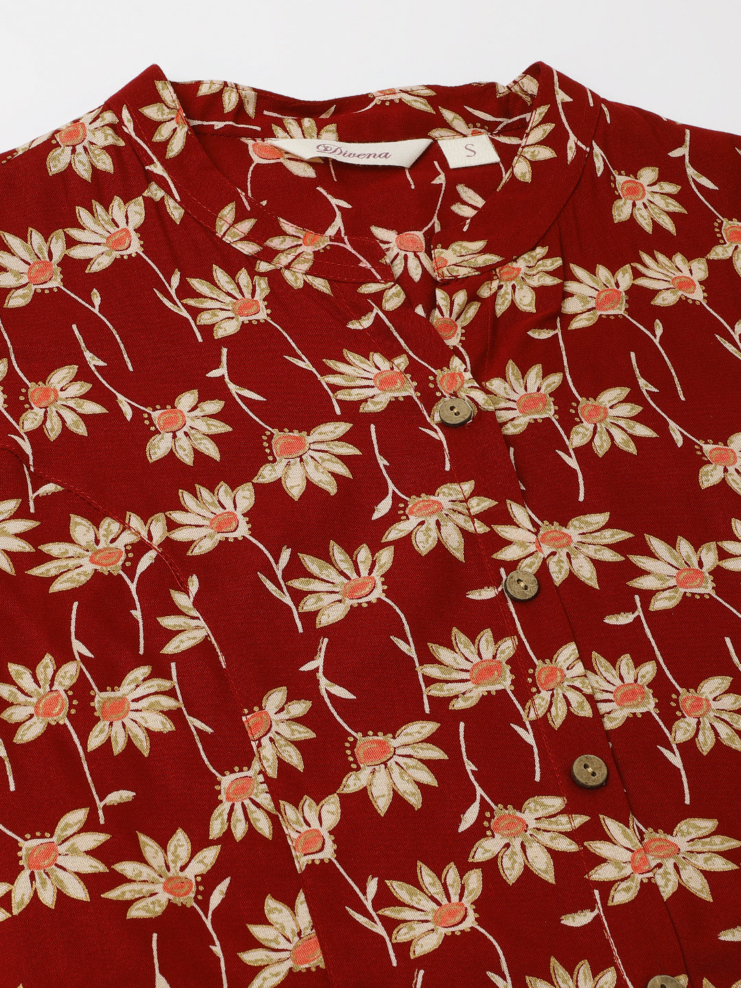 Noe Velarro Maroon Floral Printed Rayon Shirt type Top for Women