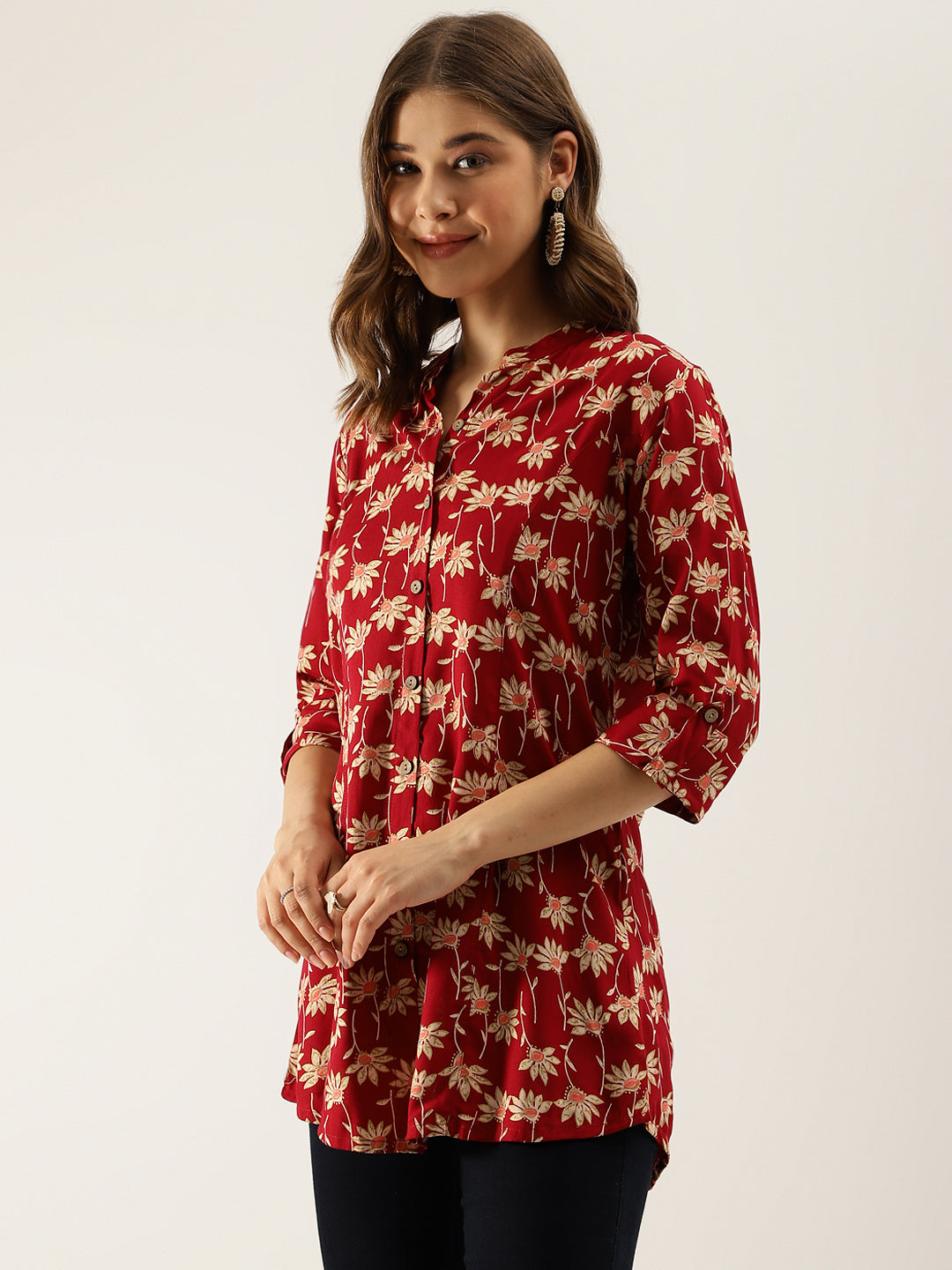 Noe Velarro Maroon Floral Printed Rayon Shirt type Top for Women
