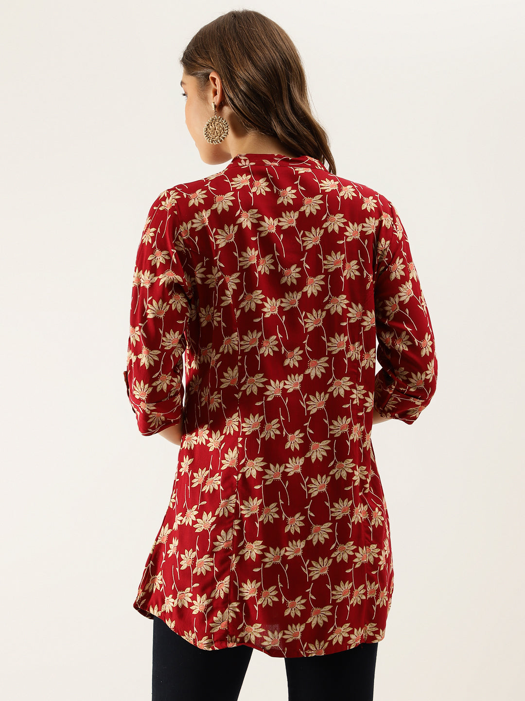 Noe Velarro Maroon Floral Printed Rayon Shirt type Top for Women