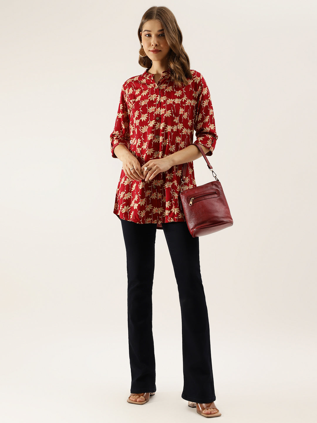 Noe Velarro Maroon Floral Printed Rayon Shirt type Top for Women