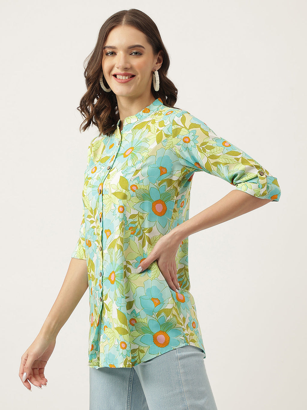 Noe Velarro Green Floral Printed Rayon Shirt Style Top