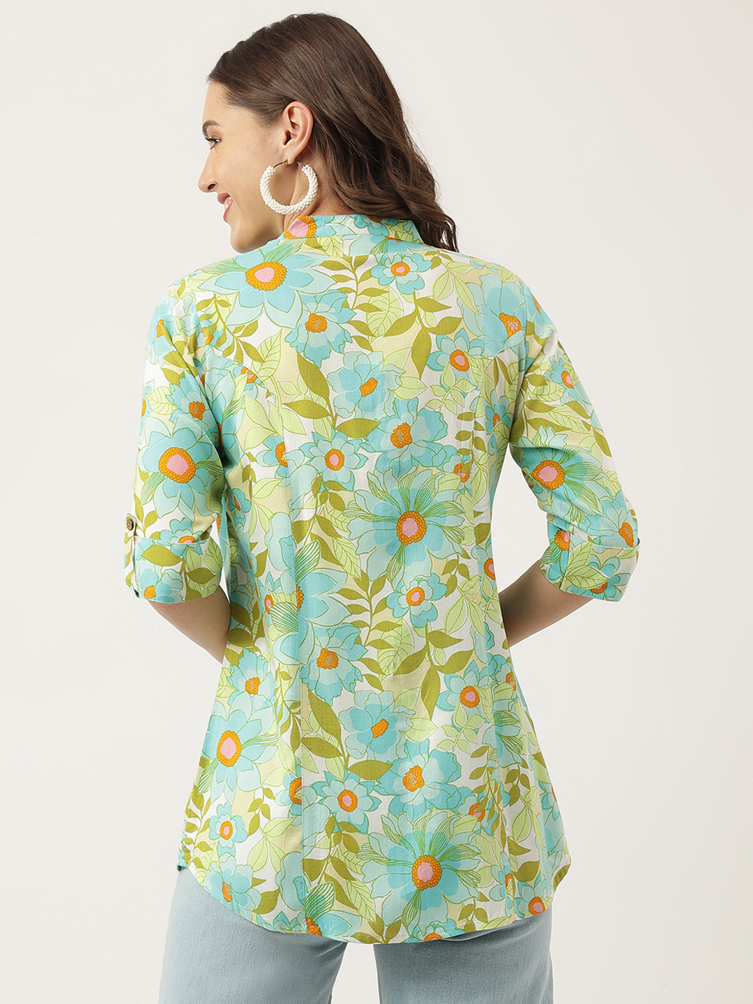 Noe Velarro Green Floral Printed Rayon Shirt Style Top