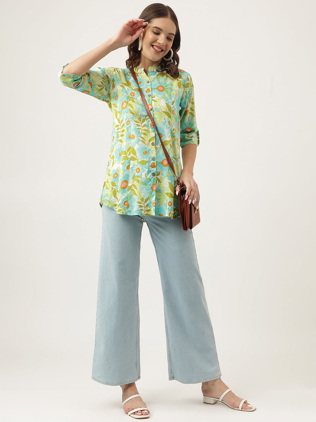 Noe Velarro Green Floral Printed Rayon Shirt Style Top