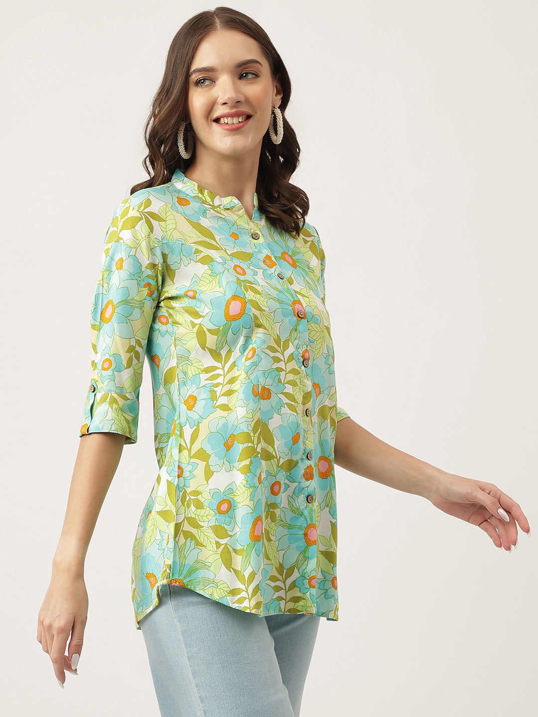 Noe Velarro Green Floral Printed Rayon Shirt Style Top