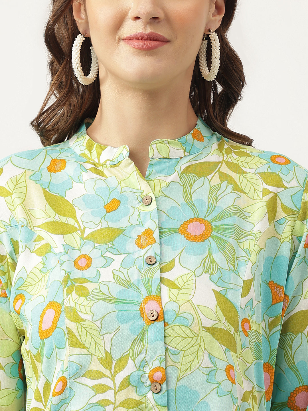 Noe Velarro Green Floral Printed Rayon Shirt Style Top