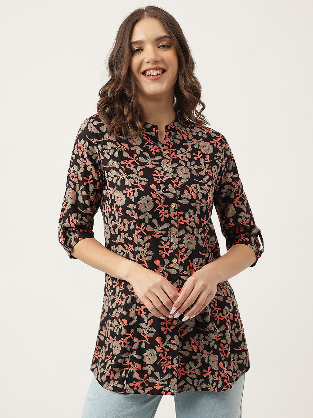Noe Velarro Black Floral Printed Rayon Shirt Style Top
