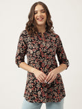 Noe Velarro Black Floral Printed Rayon Shirt Style Top