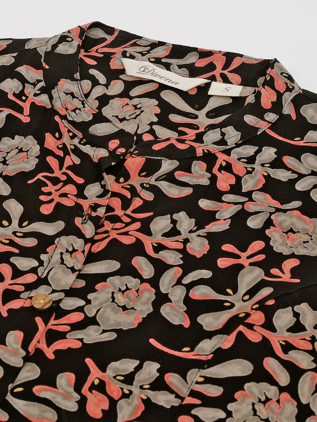Noe Velarro Black Floral Printed Rayon Shirt Style Top