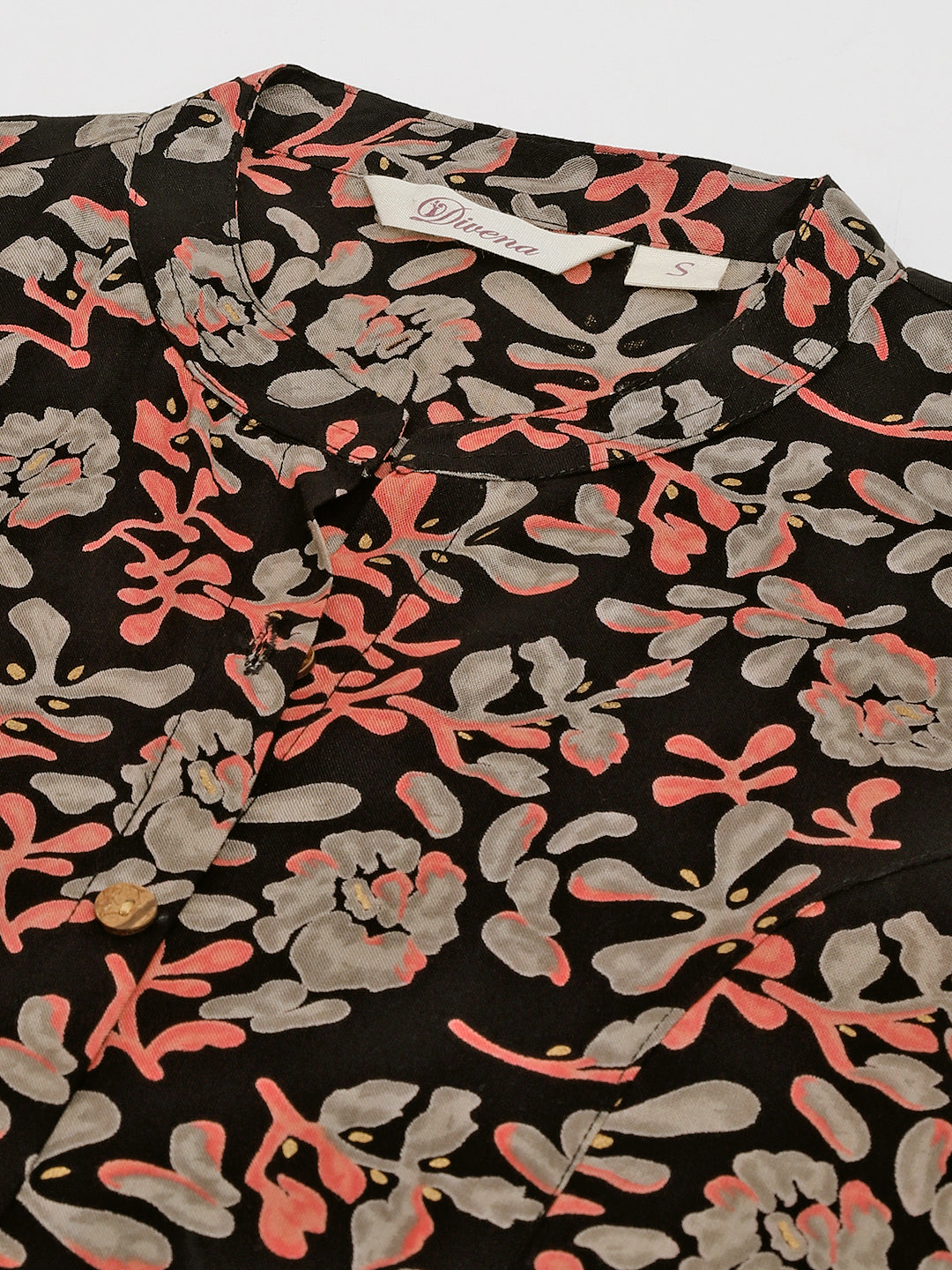 Noe Velarro Black Floral Printed Rayon Shirt Style Top