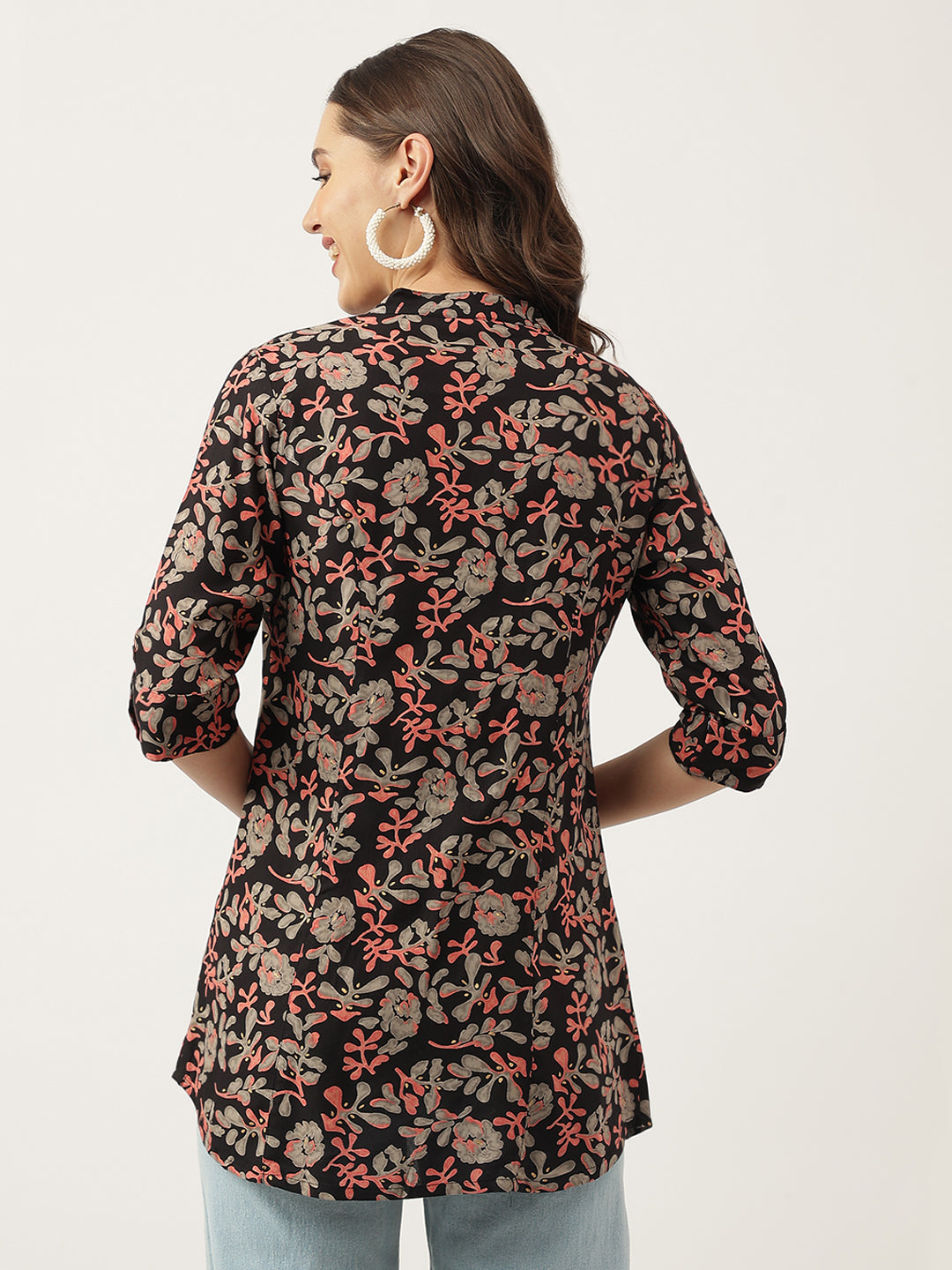 Noe Velarro Black Floral Printed Rayon Shirt Style Top