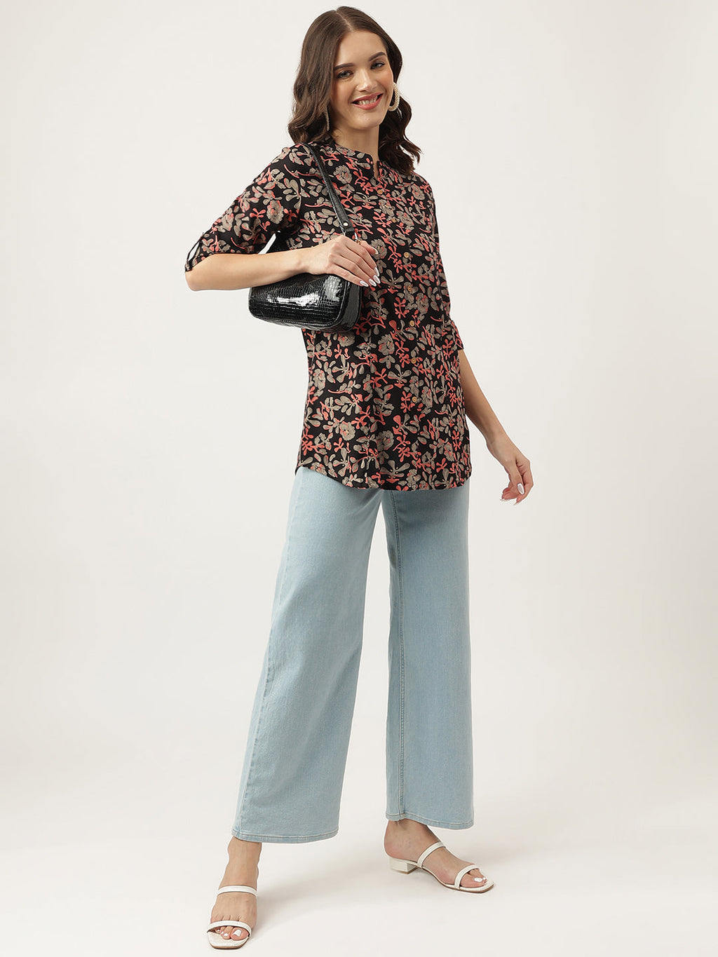 Noe Velarro Black Floral Printed Rayon Shirt Style Top