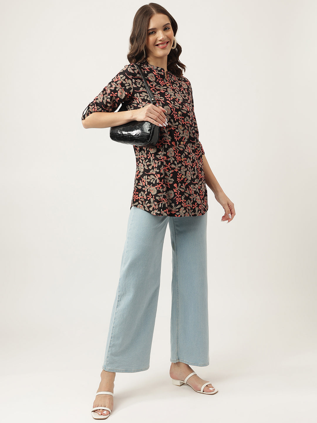Noe Velarro Black Floral Printed Rayon Shirt Style Top