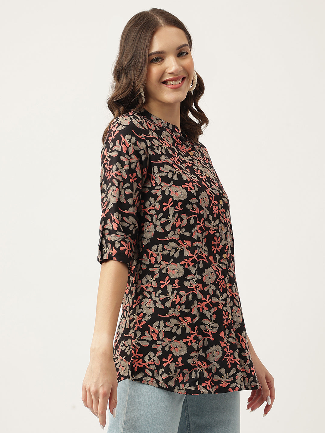 Noe Velarro Black Floral Printed Rayon Shirt Style Top